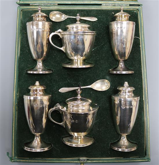 A cased 1930s silver six piece condiment set, William Lister & Sons, Sheffield, 1937.